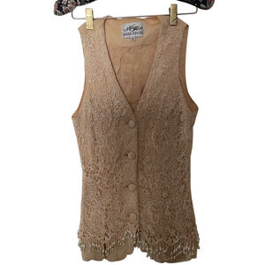 Vintage Boho Festival Vest Cream Lace Beaded Marabou Feather Trim Women’s S